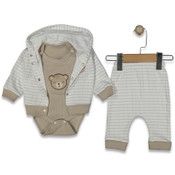 UNISEX 3/9 AY ÇİZGİLİ AYICIKLI  3\'LÜ TAKIM