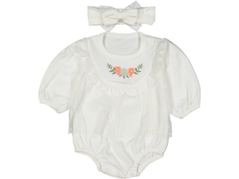 KIZ 3/9 AY PUANTİYELİ TÜLLÜ YAKASI ÇİÇEK NAKIŞLI ROMPER BADİ