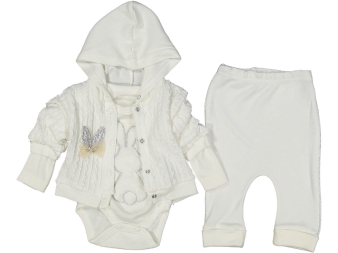 KIZ 3/9 AY TAVŞAN NAKIŞLI BADİLİ KAPŞONLU HIRKALI 3LÜ TAKIM 