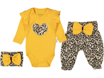 KIZ 3/12 AY LEOPAR DESENLİ KALPLİ FIRFIRLI BANDANALI 3LU TAKIM