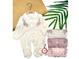 UNİSEX 3/12 AY NAKIŞLI BEBE YAKA DÜĞMELİ TULUM 