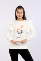 KIZ 5/8 YAŞ TAŞLI ÇİÇEK BASKILI FIRFIRLI SWEAT