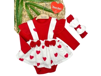 KIZ 3/12 AY BÜYÜK KALP BASKILI MÜSLİN BADİLİ ELBİSE