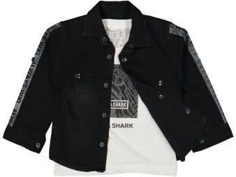 ERKEK 3/7 YAŞ KOL BASKILI SİYAH SEE A SHARK 2 Lİ GÖMLEK 