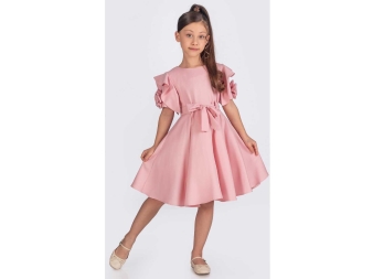 KIZ 6/12 YAŞ KUŞAKLI OMUZDAN FIRFIRLI ELBİSE