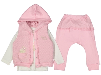 KIZ 2/4 YAŞ PUANLI TAVŞAN NAKIŞLI FIRFIRLI ŞİŞME YELEK 3LÜ TAKIM 